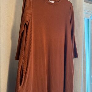 Brown Ribbed Long Sleeve Dress